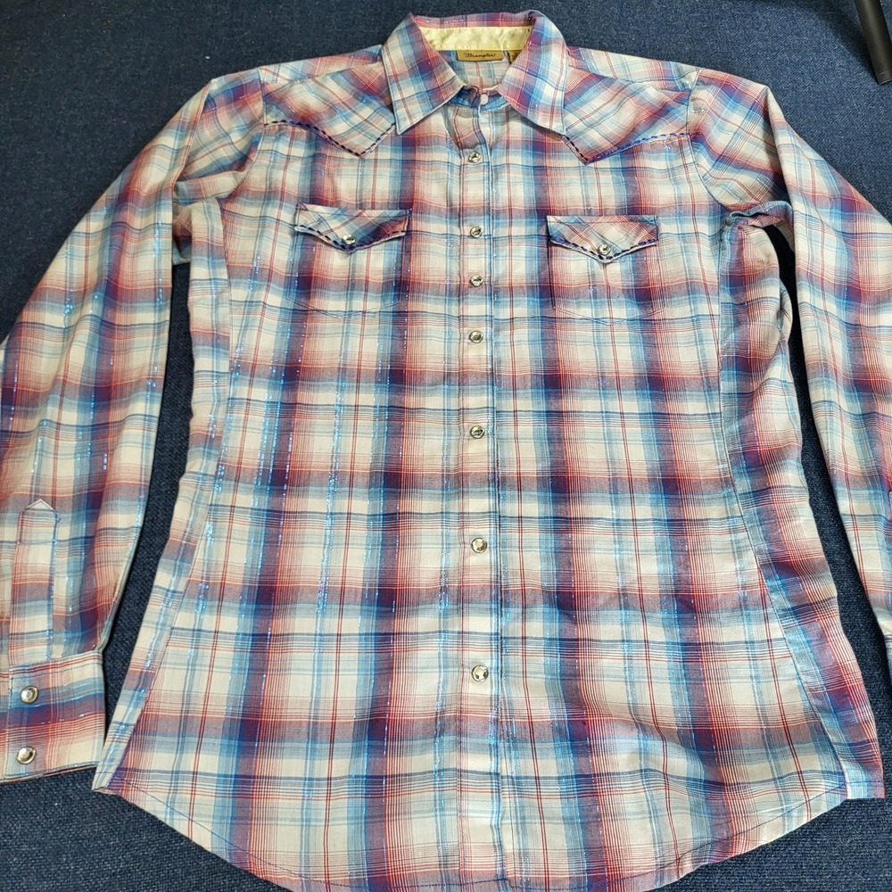 Wrangler Womens Plaid Western Snap Shirt Blue Red Metallic Lurex  Medium